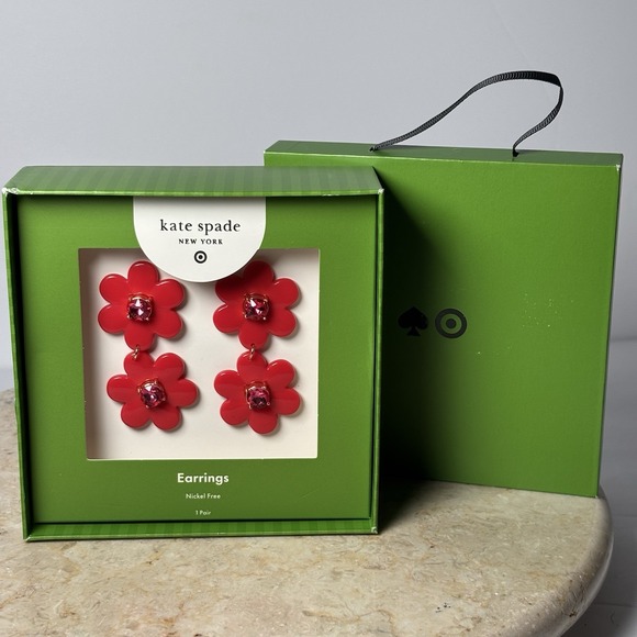 Kate Spade New York X Target Red Flower Floral Linear Dangle Stud Earrings - Picture 1 of 4